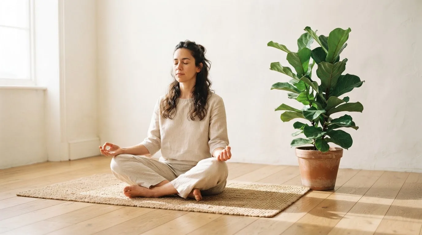 Una persona medita sentada con las piernas cruzadas en una habitación luminosa con una planta al lado.