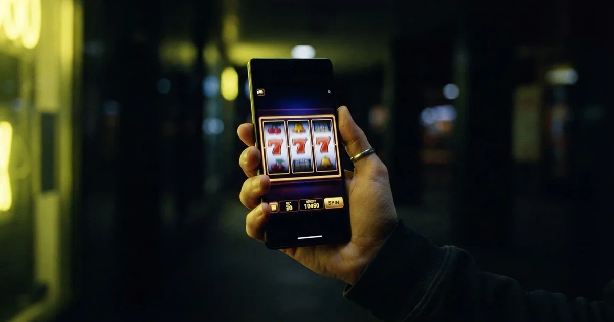 Una persona sostiene un smartphone bajo luces neón amarillas y negras que recuerdan a un ambiente tecnológico nocturno.
