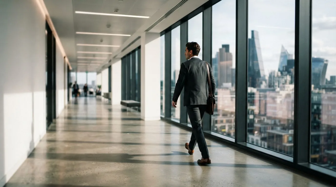 Un hombre con traje camina por un pasillo de oficinas moderno con grandes ventanales y luz natural.