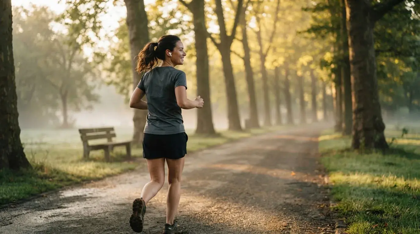 Una persona corre por un parque arbolado al amanecer, con auriculares puestos y expresión relajada.